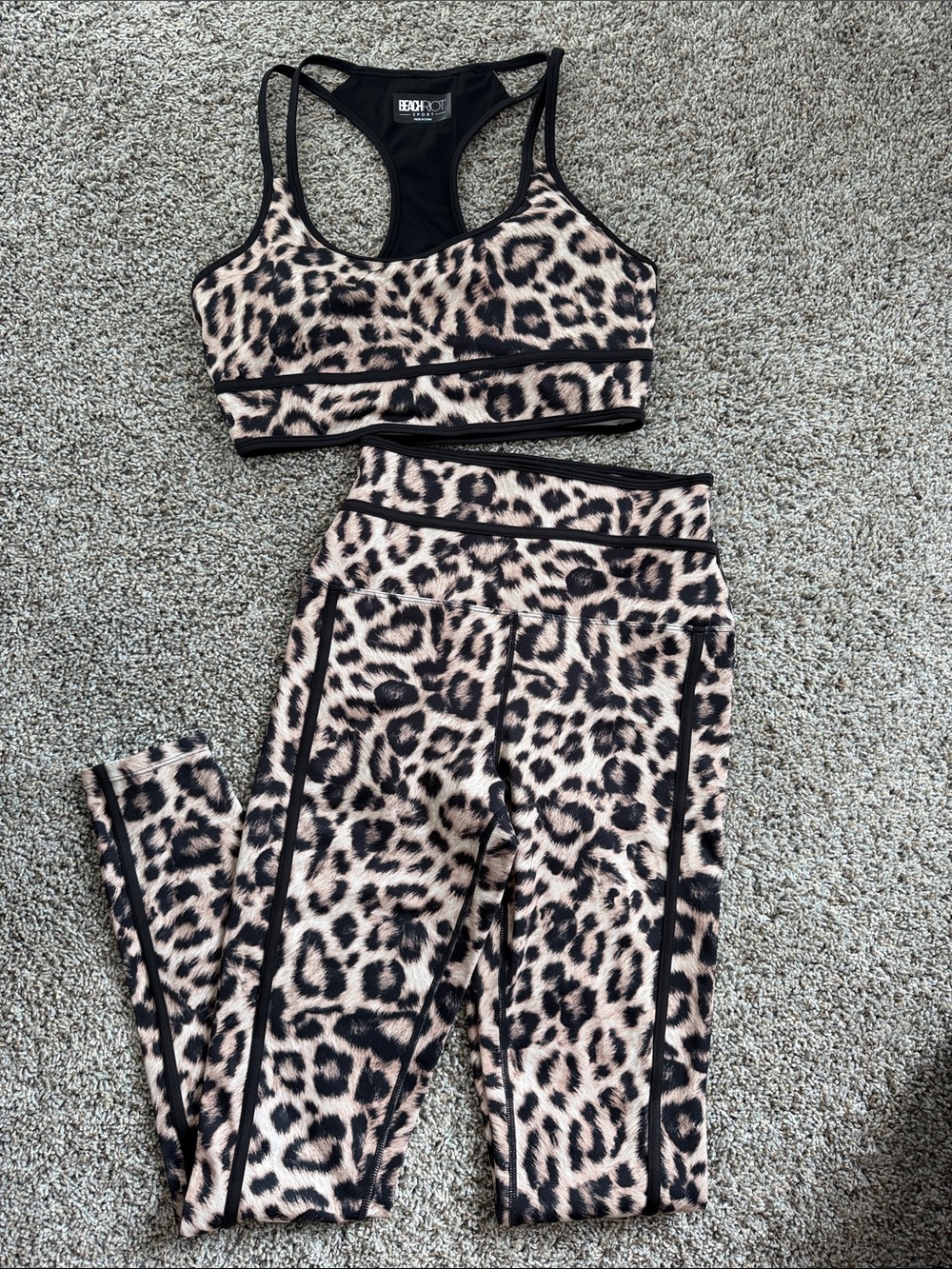 Beach Riot Leopard Print High-Waist Leggings & Sports Bra - Black, Tan, Cream